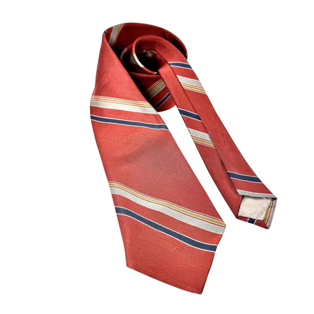 Christian Dior Mens Silk Necktie Rust Red‎ Navy Blue Gold Striped Vintage Tie